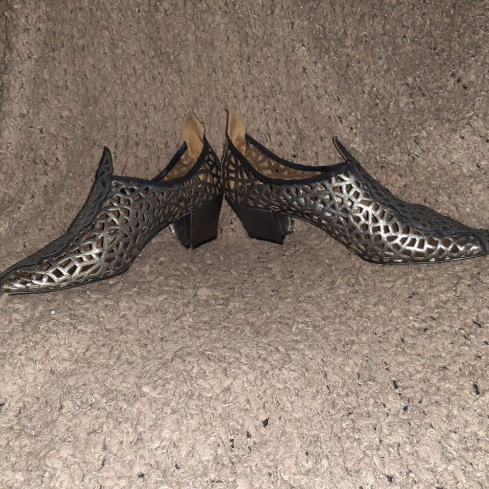 EL VAQUERO-Cowboy-Laser Cut-Out-Pewter Metallic Leather-VINTAGE-Sz 38-Excellent - Picture 4 of 8